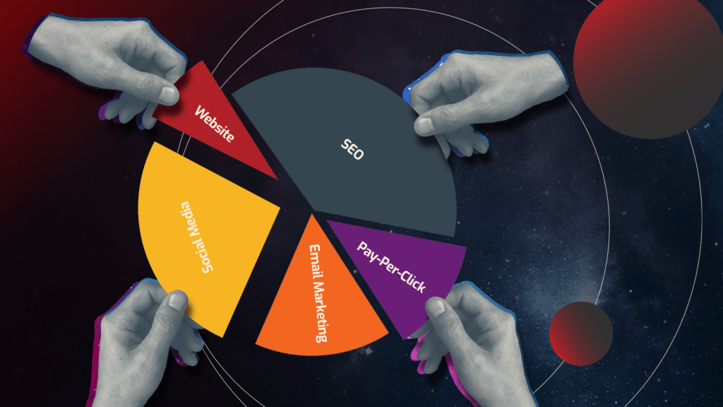 Hands putting pieces of a pie chart about digital marketing.